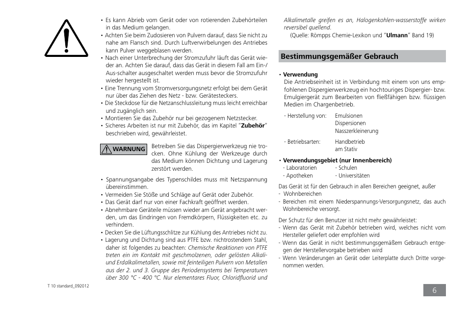 Bestimmungsgemäßer gebrauch | IKA T 10 standard ULTRA-TURRAX User Manual | Page 6 / 68