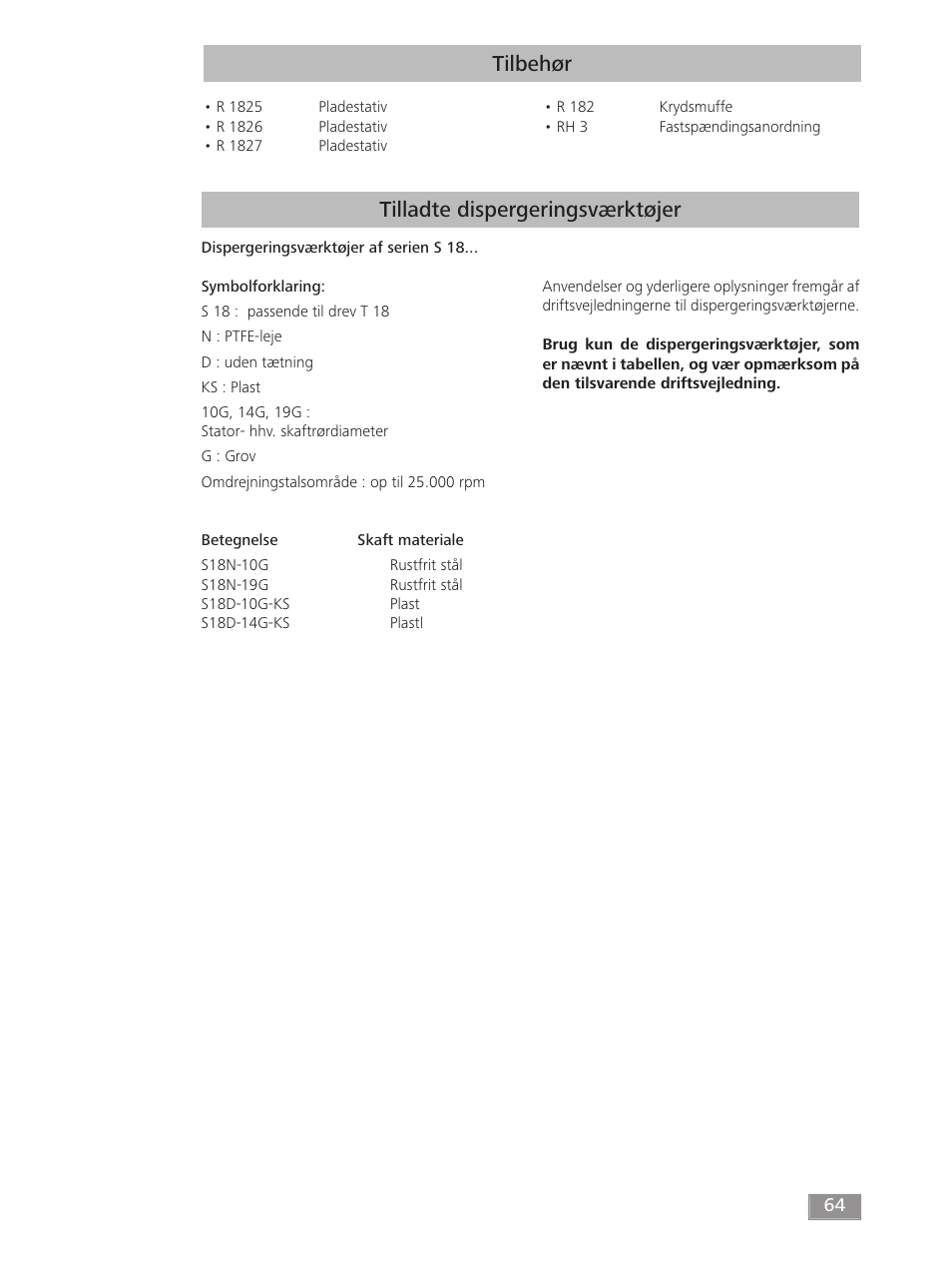 Tilbehør tilladte dispergeringsværktøjer | IKA T 18 digital ULTRA-TURRAX User Manual | Page 64 / 188