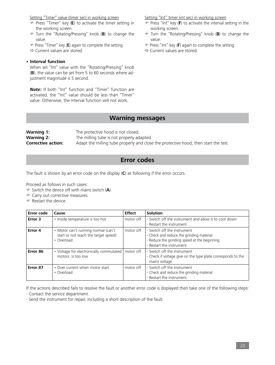 Warning messages, Error codes | IKA Tube Mill control User Manual | Page 20 / 64