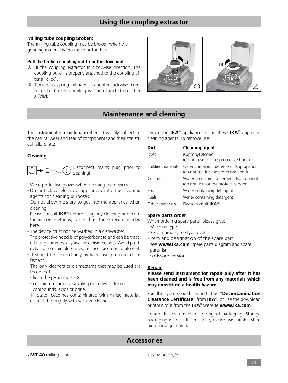 Using the coupling extractor, Maintenance and cleaning, Accessories | IKA Tube Mill control User Manual | Page 21 / 64