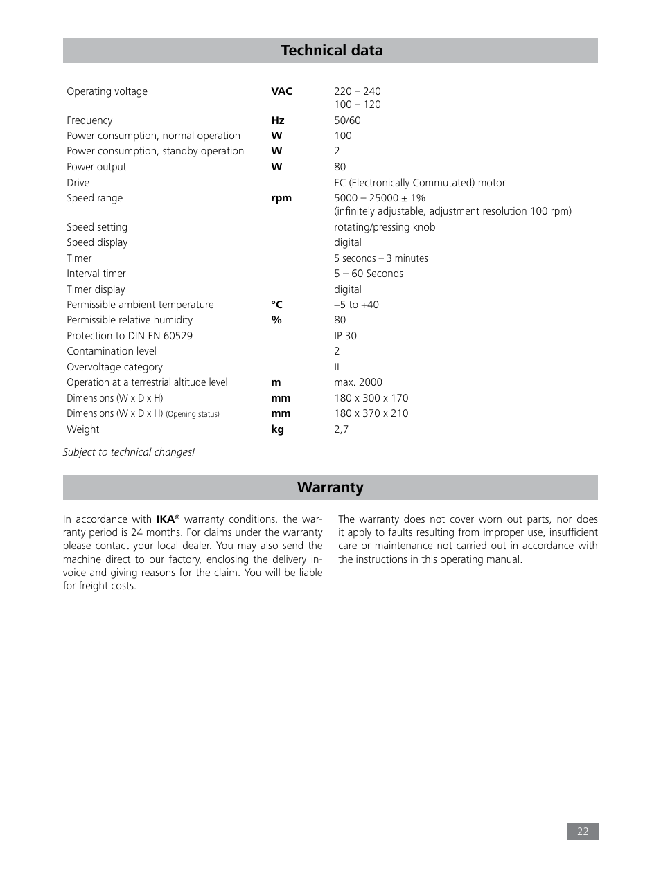 Technical data warranty | IKA Tube Mill control User Manual | Page 22 / 64
