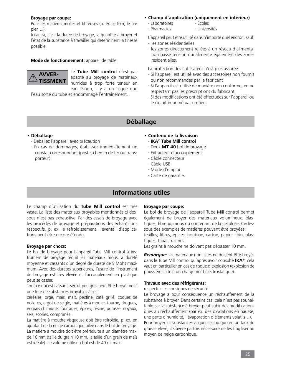 Déballage, Informations utiles | IKA Tube Mill control User Manual | Page 25 / 64