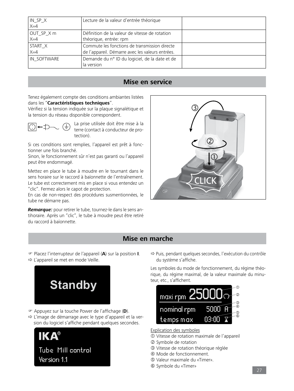 Standby, Click, Mise en service | Mise en marche | IKA Tube Mill control User Manual | Page 27 / 64