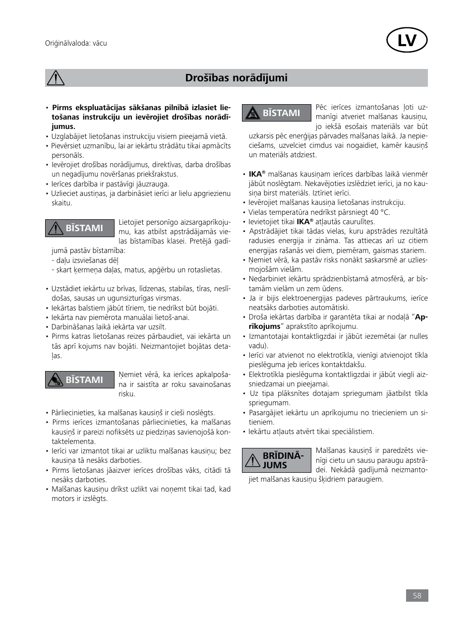 Drošības norādījumi | IKA Tube Mill control User Manual | Page 58 / 64