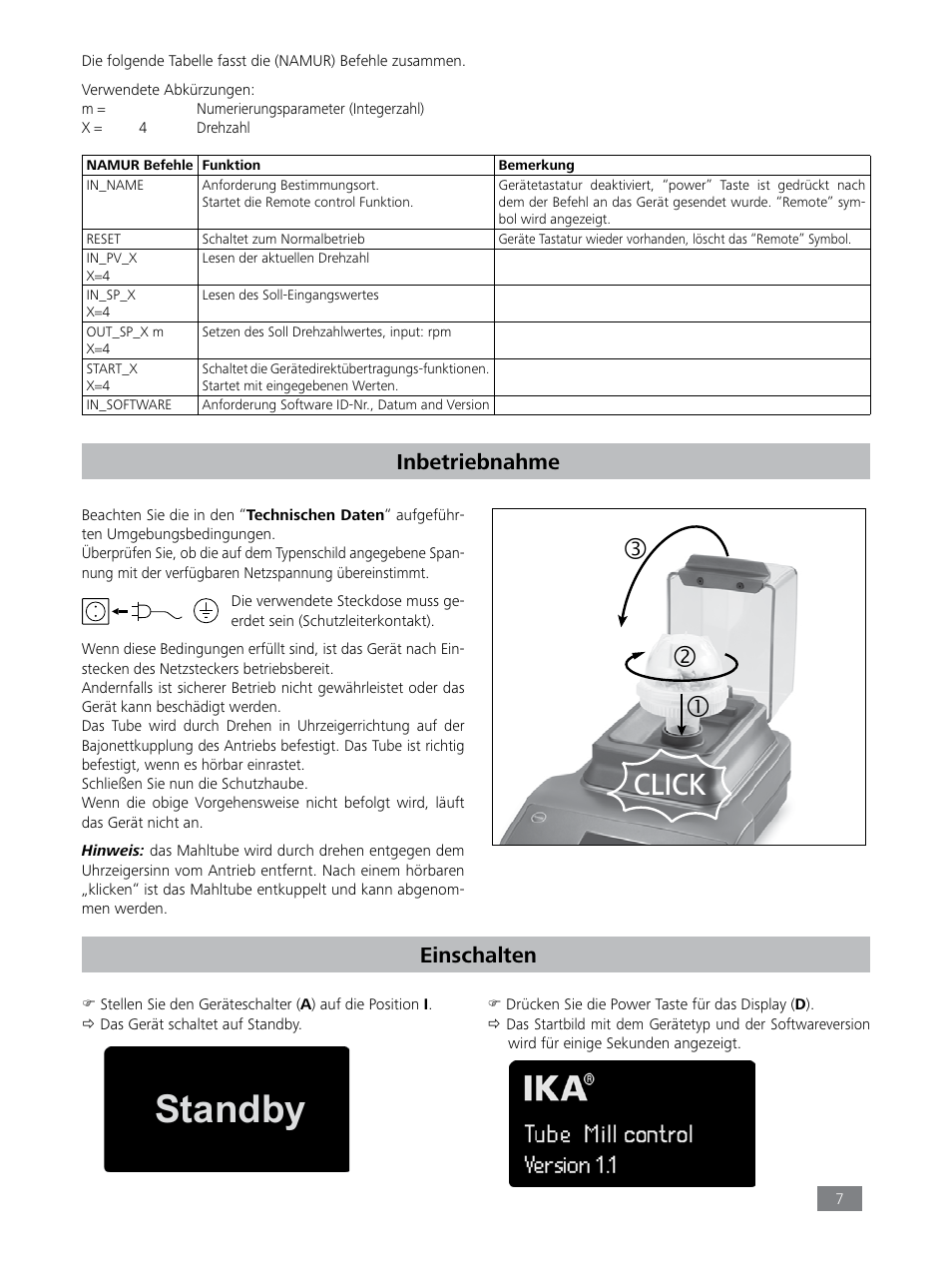 Standby, Click, Inbetriebnahme | Einschalten | IKA Tube Mill control User Manual | Page 7 / 64