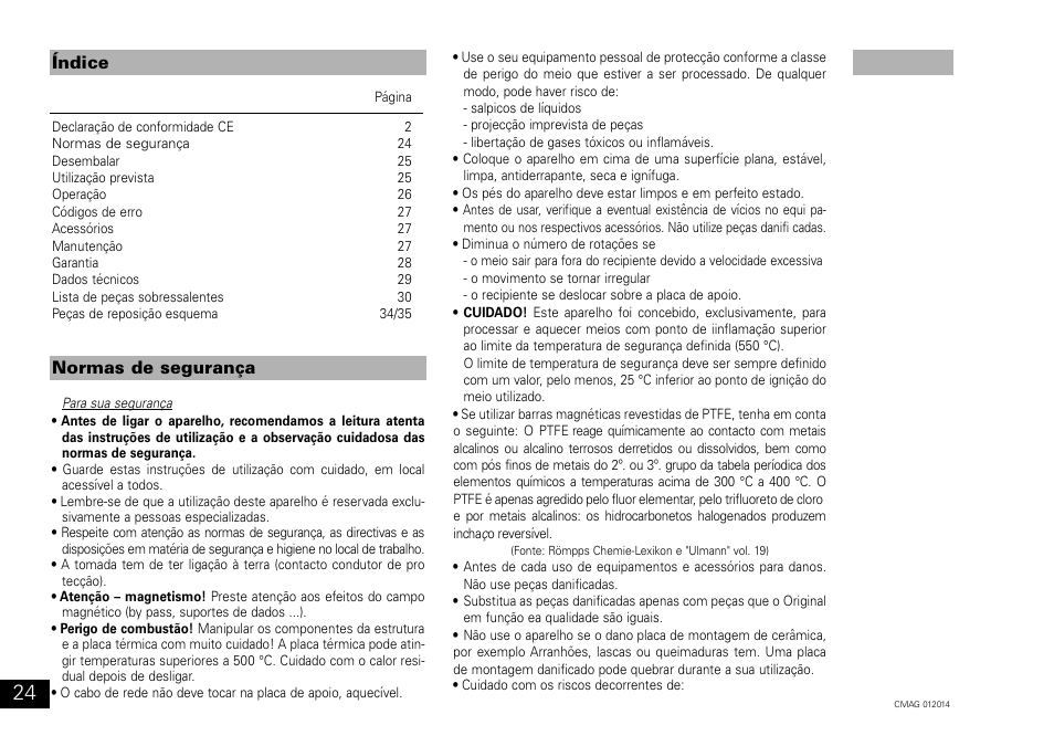 Índice normas de segurança | IKA C-MAG HP 10 User Manual | Page 24 / 36