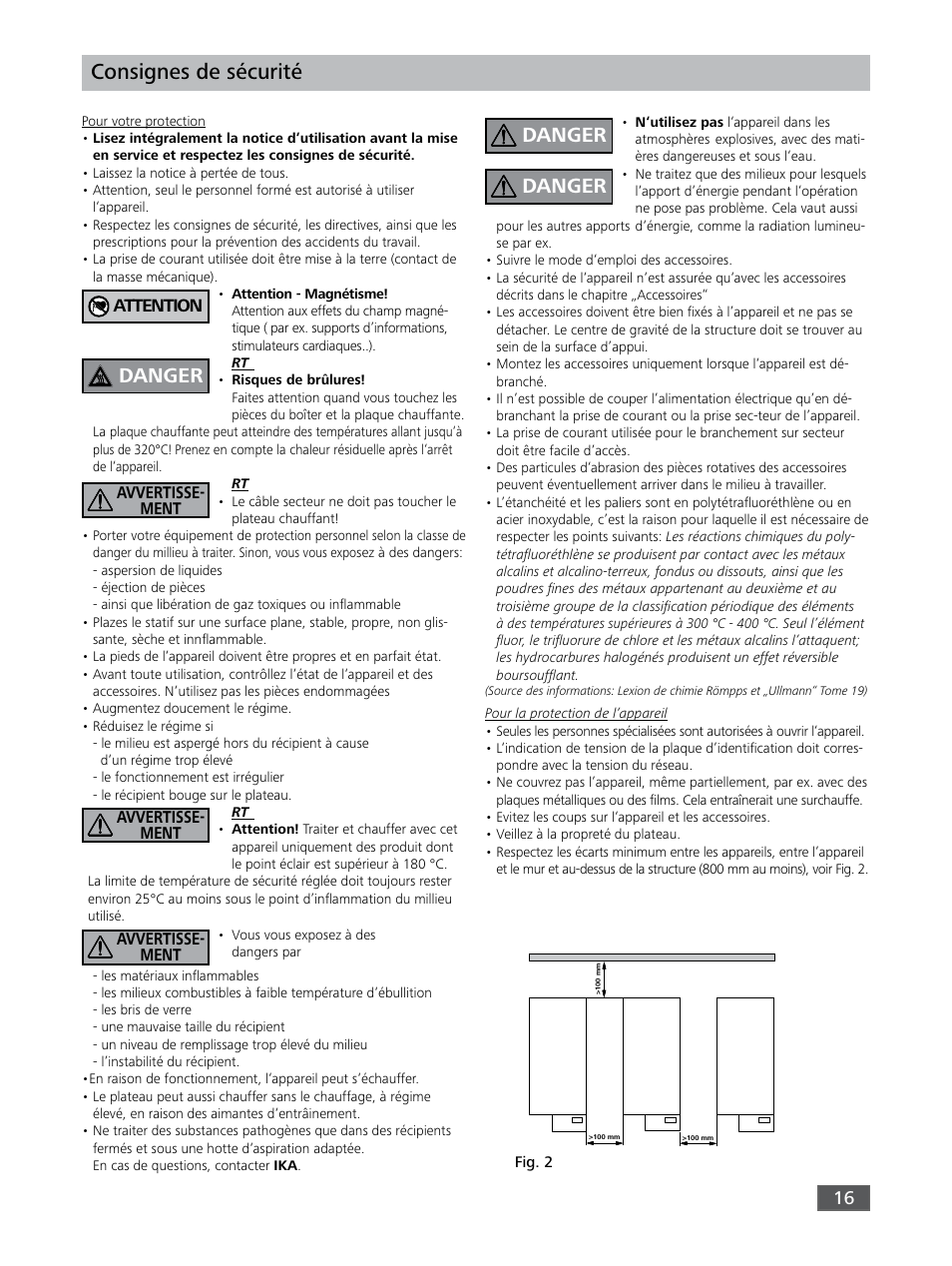 Consignes de sécurité, Danger, Attention | IKA RO 15 User Manual | Page 16 / 40