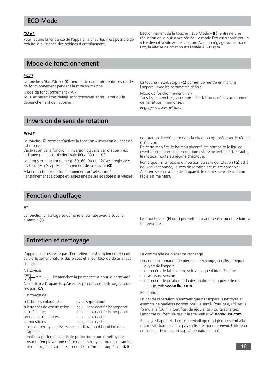Fonction chauffage eco mode, Inversion de sens de rotation, Mode de fonctionnement | Entretien et nettoyage | IKA RO 15 User Manual | Page 18 / 40