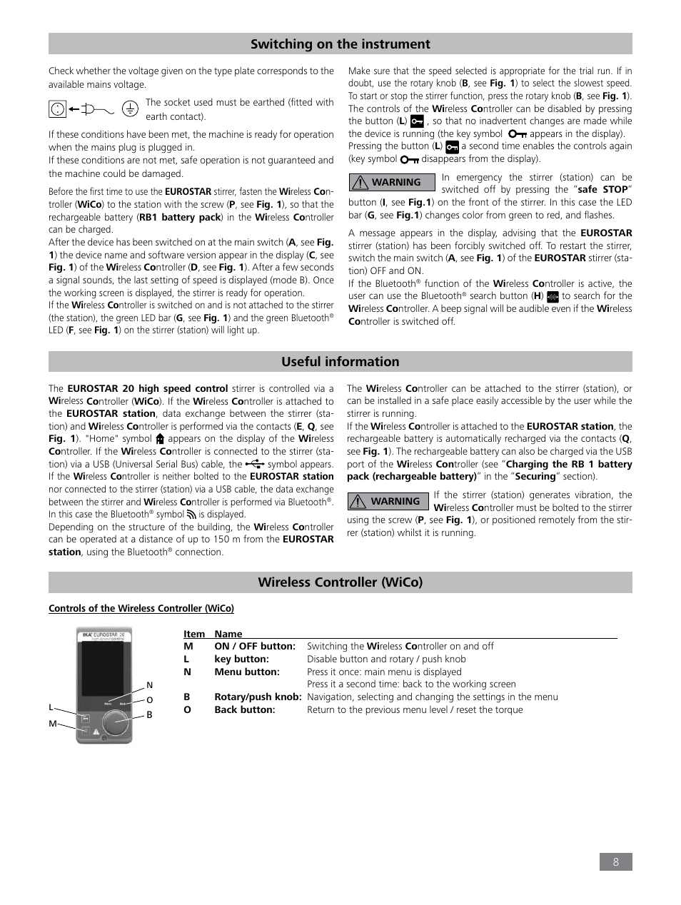 Useful information, Wireless controller (wico), Switching on the instrument | IKA EUROSTAR 20 high speed control User Manual | Page 8 / 19