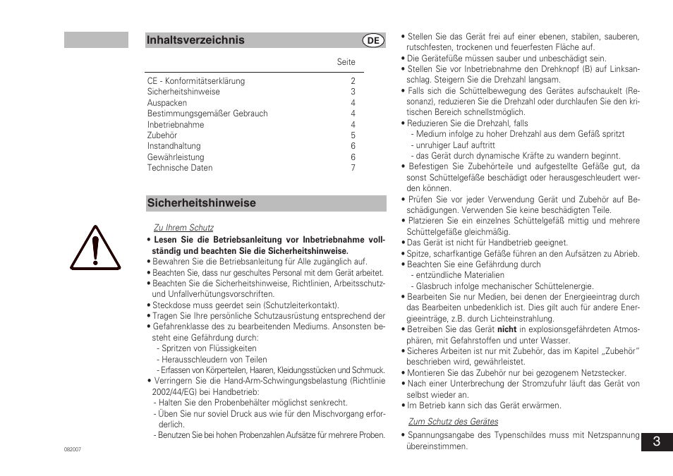 Inhaltsverzeichnis sicherheitshinweise | IKA VORTEX 3 User Manual | Page 3 / 36