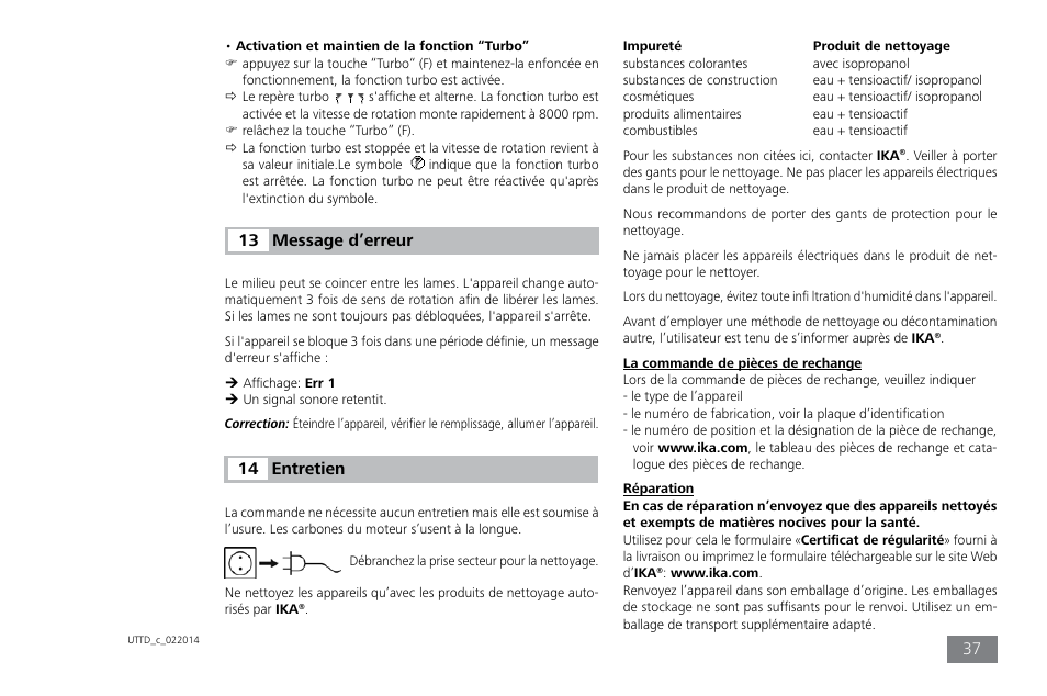 Message d’erreur 13, Entretien 14 | IKA ULTRA-TURRAX Tube Drive control User Manual | Page 37 / 72