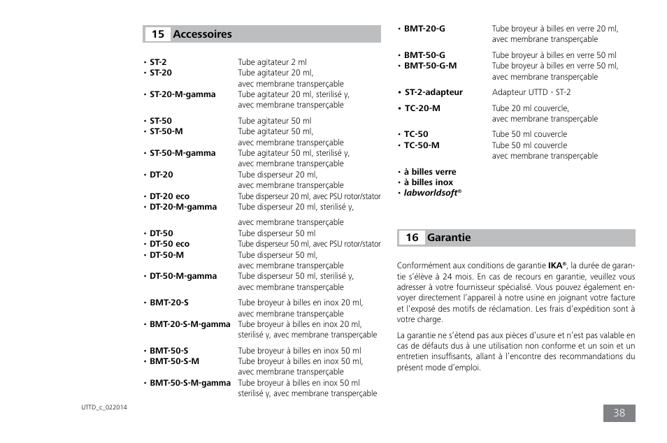 Accessoires 15, Garantie 16 | IKA ULTRA-TURRAX Tube Drive control User Manual | Page 38 / 72