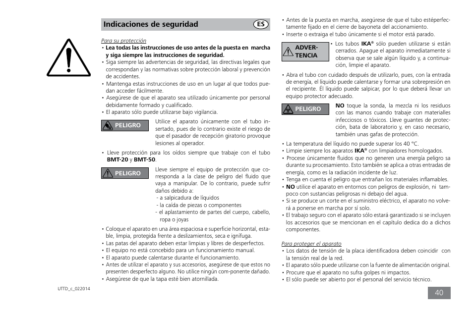 Indicaciones de seguridad | IKA ULTRA-TURRAX Tube Drive control User Manual | Page 40 / 72