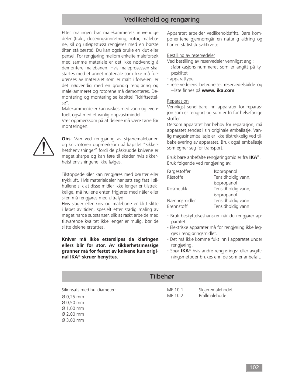 Tilbehør, Vedlikehold og rengøring | IKA MF 10 basic User Manual | Page 102 / 140