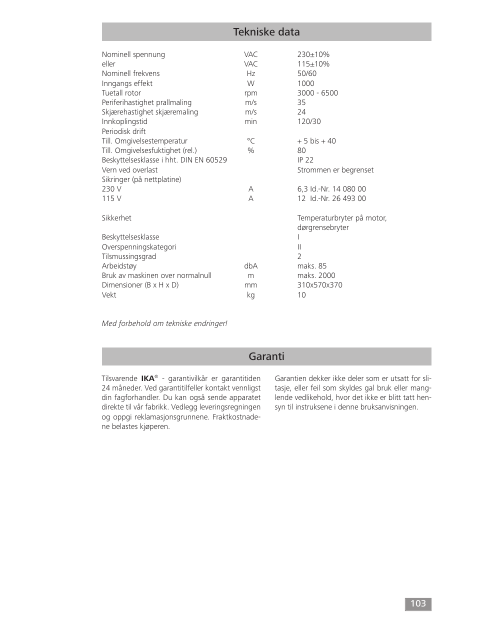 Garanti tekniske data | IKA MF 10 basic User Manual | Page 103 / 140