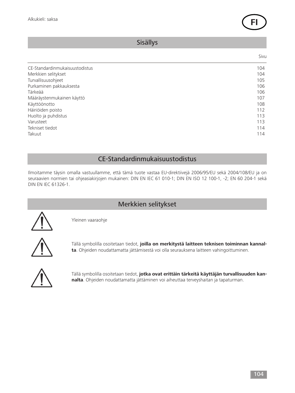 Sisällys, Ce-standardinmukaisuustodistus merkkien selitykset | IKA MF 10 basic User Manual | Page 104 / 140