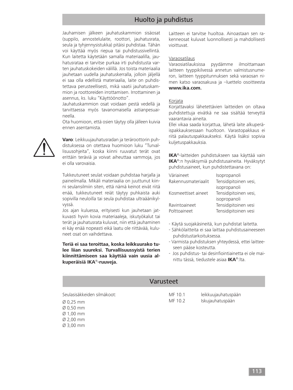 Varusteet, Huolto ja puhdistus | IKA MF 10 basic User Manual | Page 113 / 140