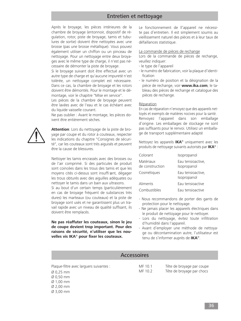 Accessoires, Entretien et nettoyage | IKA MF 10 basic User Manual | Page 36 / 140