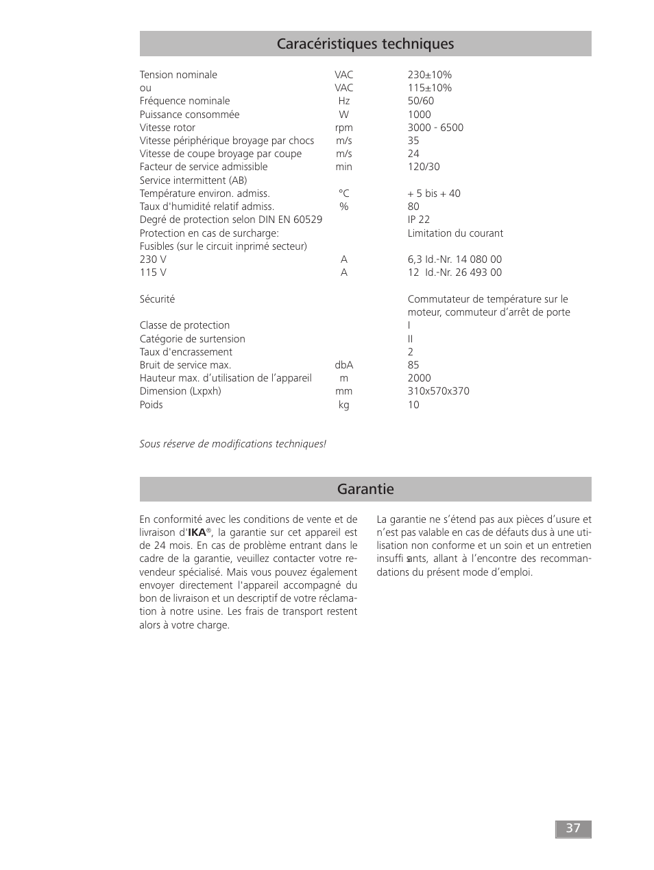 Garantie caracéristiques techniques | IKA MF 10 basic User Manual | Page 37 / 140