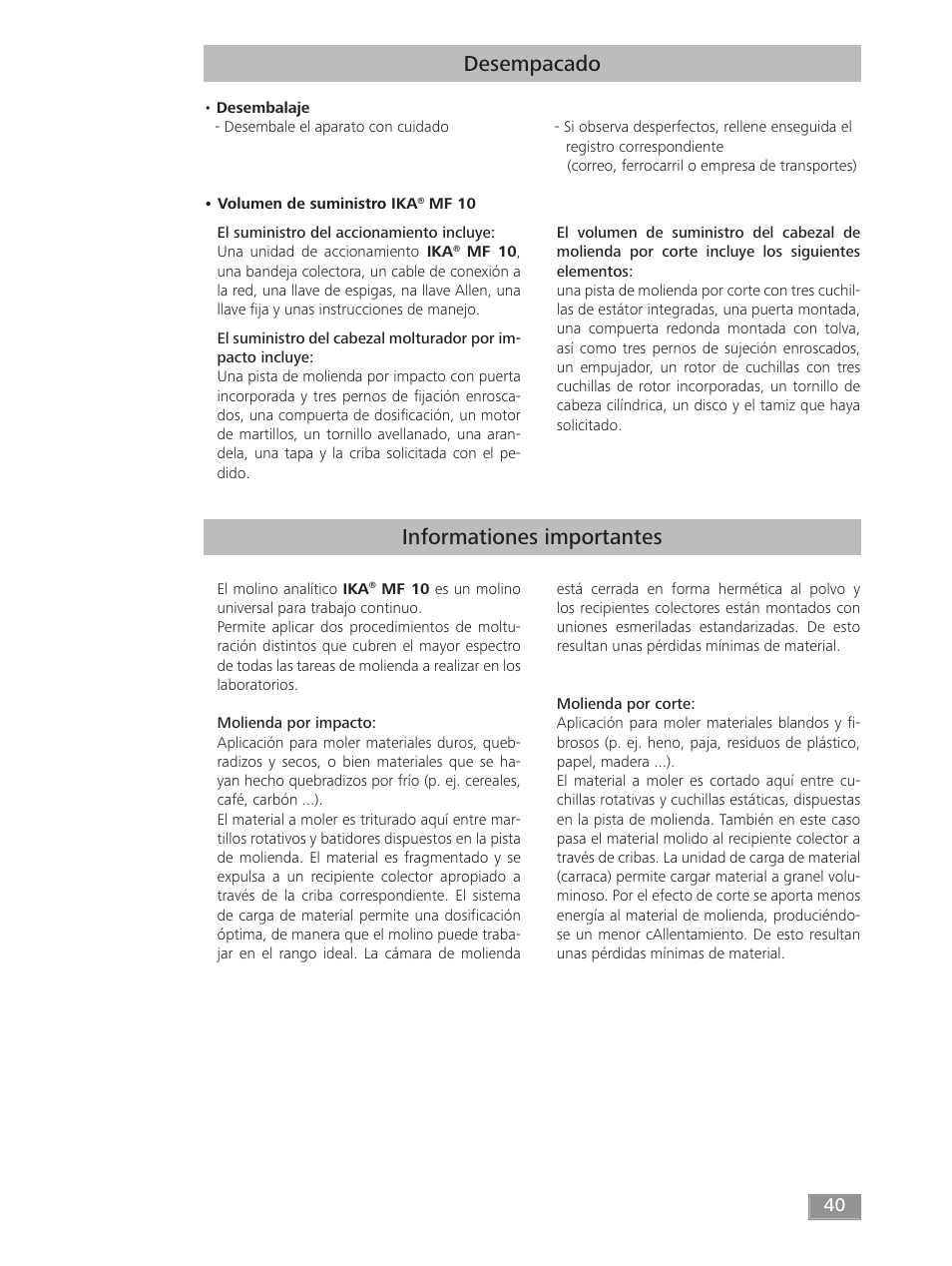 Desempacado informationes importantes | IKA MF 10 basic User Manual | Page 40 / 140