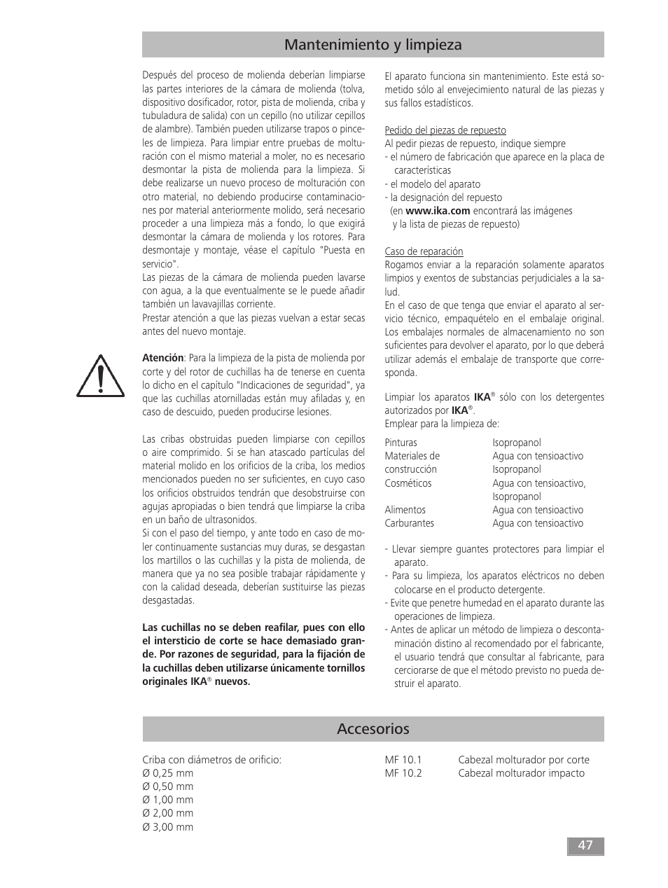 Accesorios, Mantenimiento y limpieza | IKA MF 10 basic User Manual | Page 47 / 140