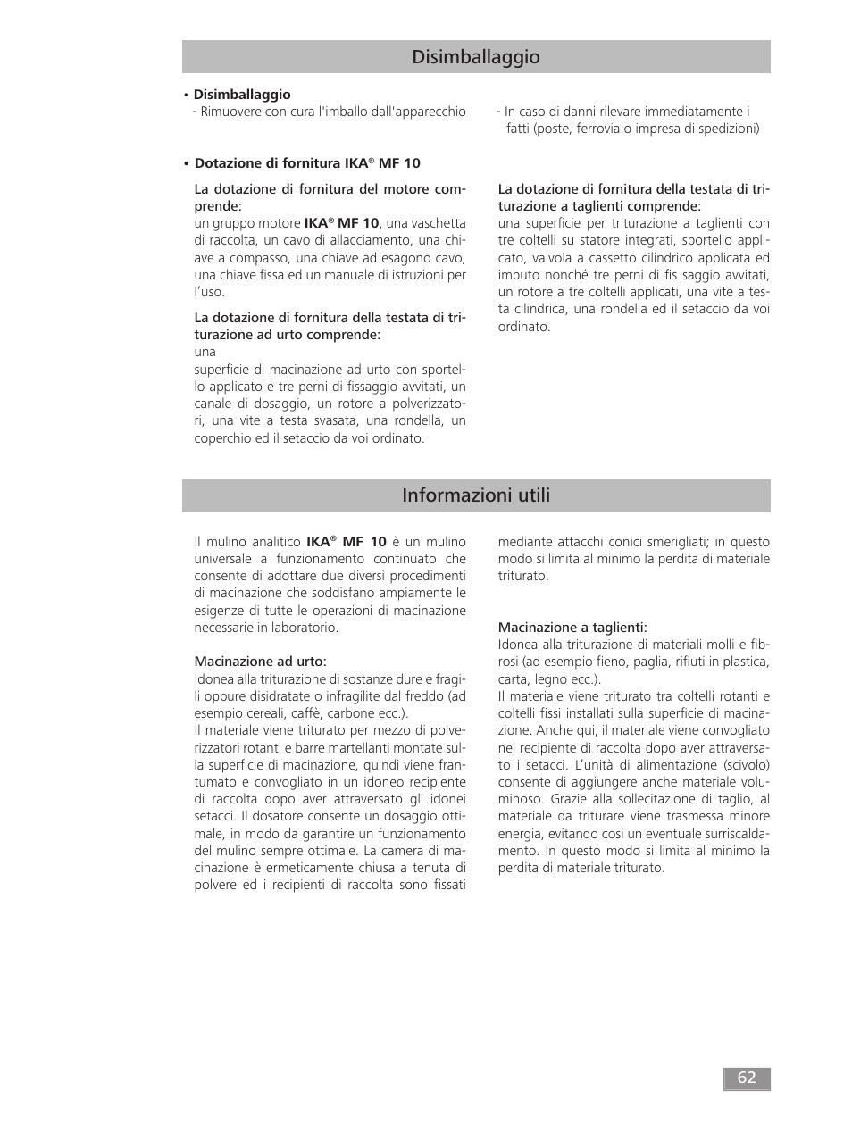 Disimballaggio informazioni utili | IKA MF 10 basic User Manual | Page 62 / 140