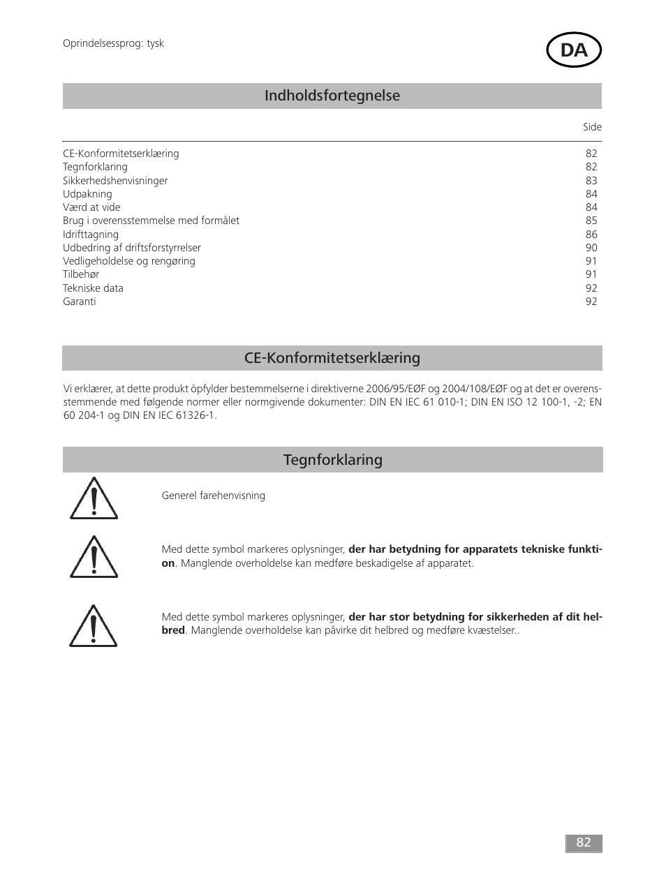 Indholdsfortegnelse, Ce-konformitetserklæring tegnforklaring | IKA MF 10 basic User Manual | Page 82 / 140