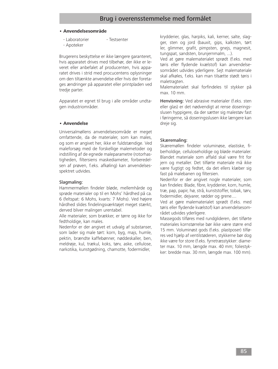 Brug i overensstemmelse med formålet | IKA MF 10 basic User Manual | Page 85 / 140