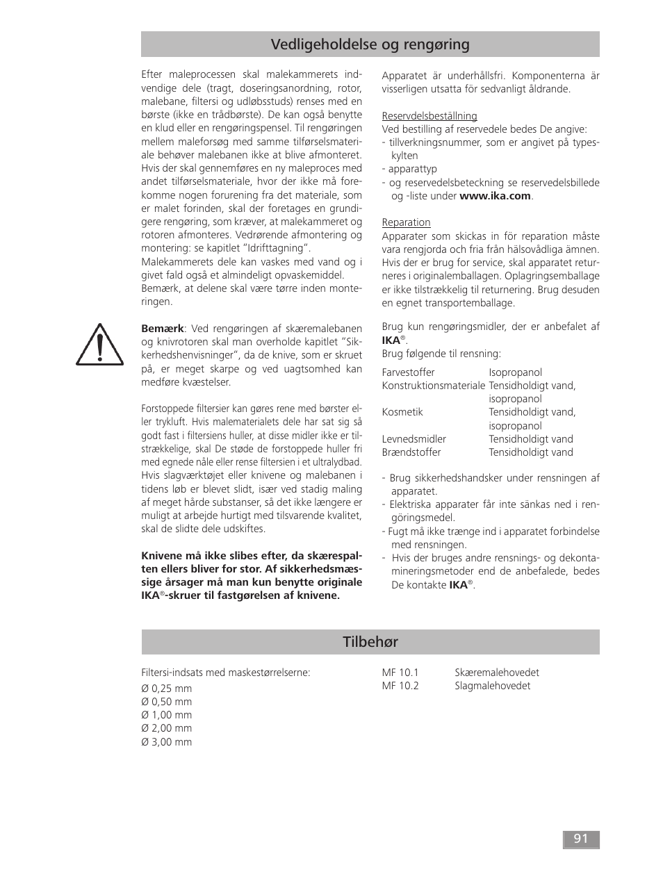 Tilbehør, Vedligeholdelse og rengøring | IKA MF 10 basic User Manual | Page 91 / 140