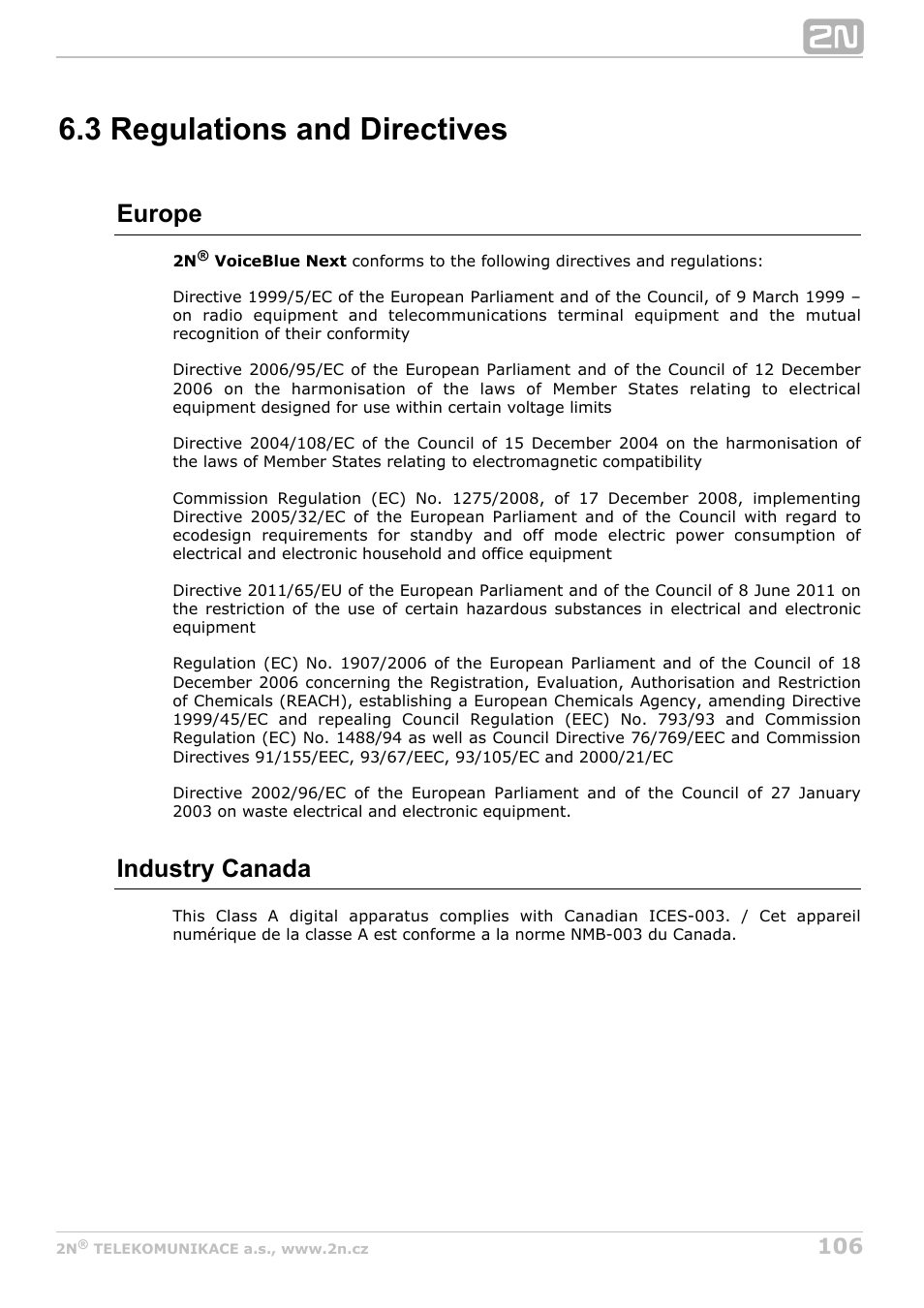3 regulations and directives, Europe, Industry canada | 2N VoiceBlue Next v3.6 User Manual | Page 106 / 110