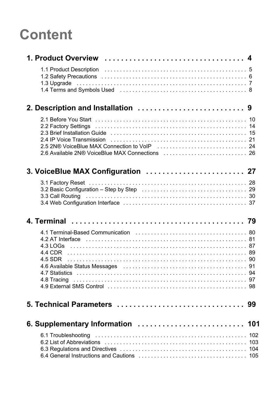 Content, Product overview, Description and installation | Voiceblue max configuration, Terminal, Technical parameters 6. supplementary information | 2N VoiceBlue MAX v1.3 User Manual | Page 3 / 107