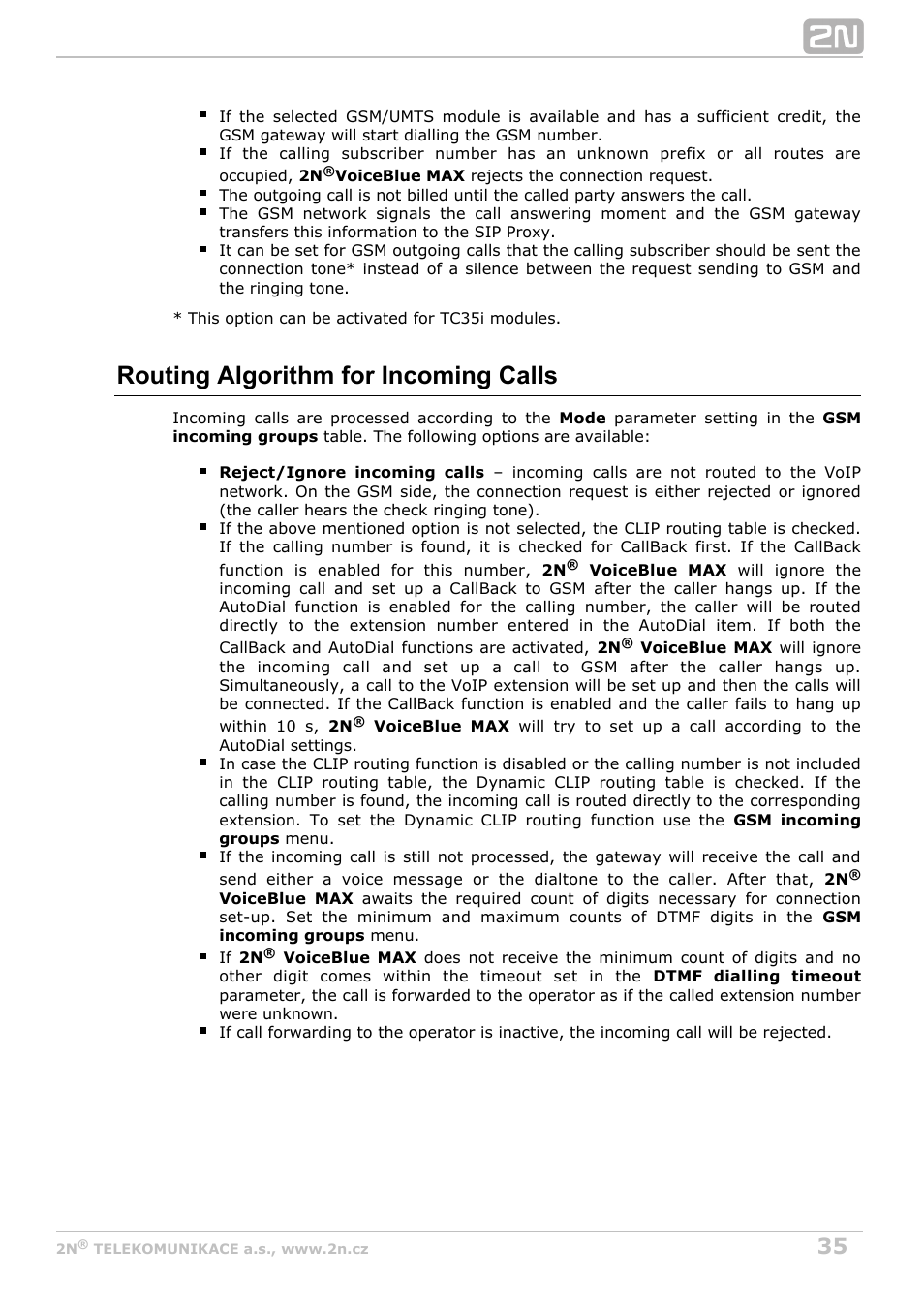 Routing algorithm for incoming calls | 2N VoiceBlue MAX v1.3 User Manual | Page 35 / 107