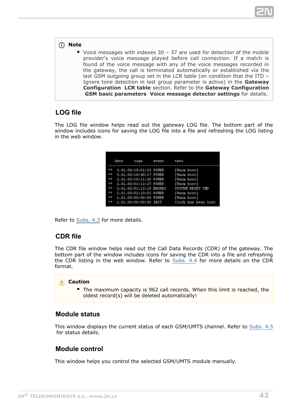 Log file, Cdr file, Module status | Module control | 2N VoiceBlue MAX v1.3 User Manual | Page 42 / 107