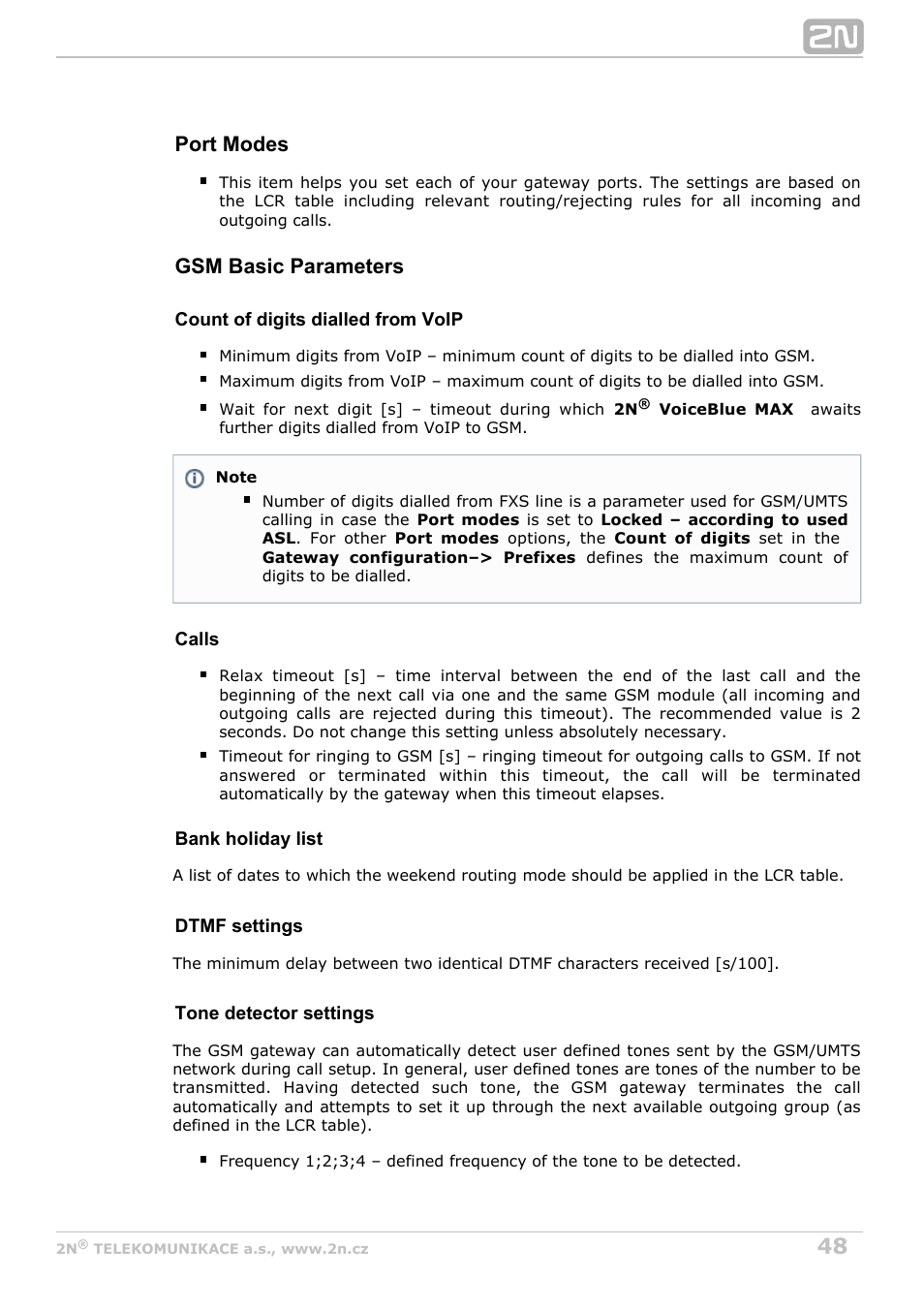 Port modes, Gsm basic parameters | 2N VoiceBlue MAX v1.3 User Manual | Page 48 / 107