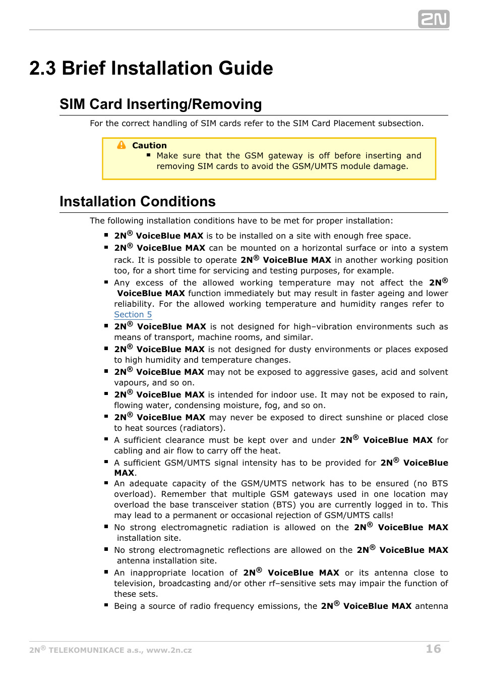 3 brief installation guide, Sim card inserting/removing, Installation conditions | 2N VoiceBlue MAX v1.2 User Manual | Page 16 / 111