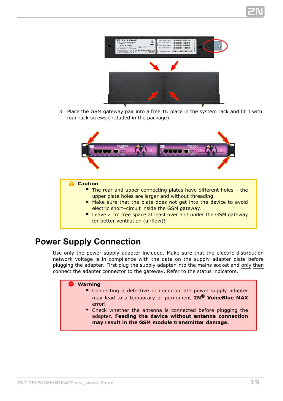 Power supply connection | 2N VoiceBlue MAX v1.2 User Manual | Page 19 / 111