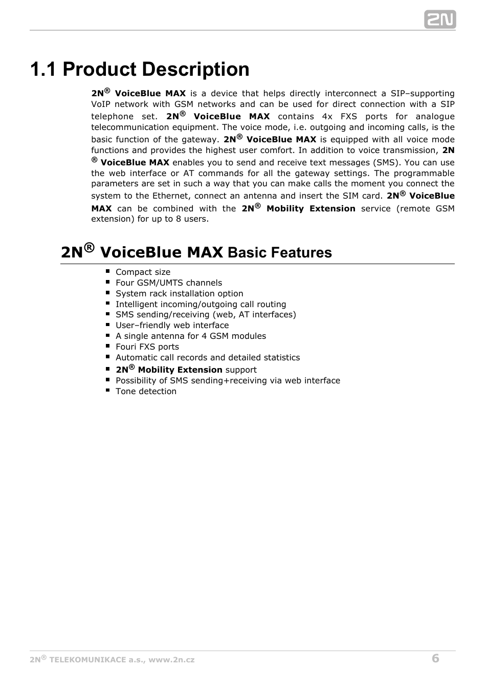 1 product description, 2n voiceblue max, Basic features | 2N VoiceBlue MAX v1.2 User Manual | Page 6 / 111