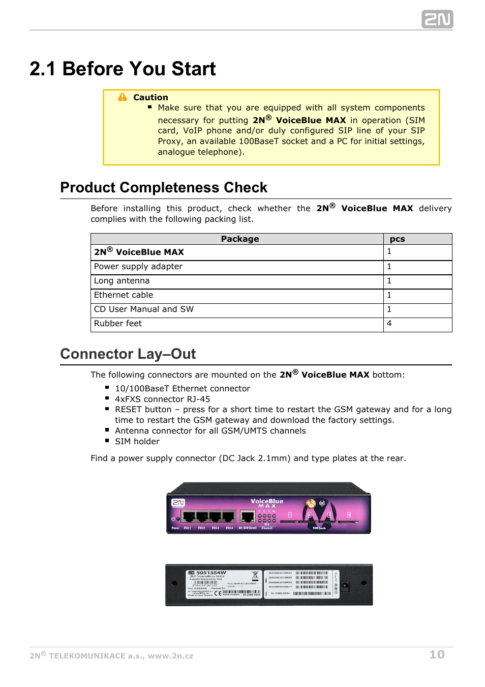 1 before you start, Product completeness check, Connector lay–out | 2N VoiceBlue MAX v1.1 User Manual | Page 10 / 104