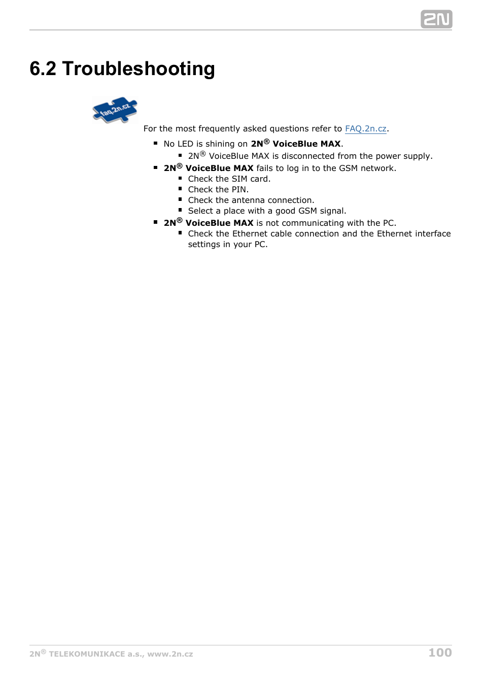 2 troubleshooting | 2N VoiceBlue MAX v1.1 User Manual | Page 100 / 104