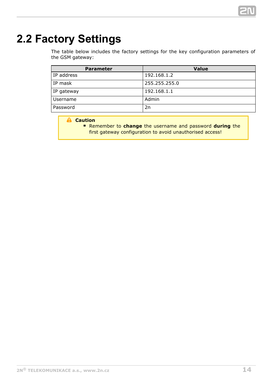 2 factory settings | 2N VoiceBlue MAX v1.1 User Manual | Page 14 / 104