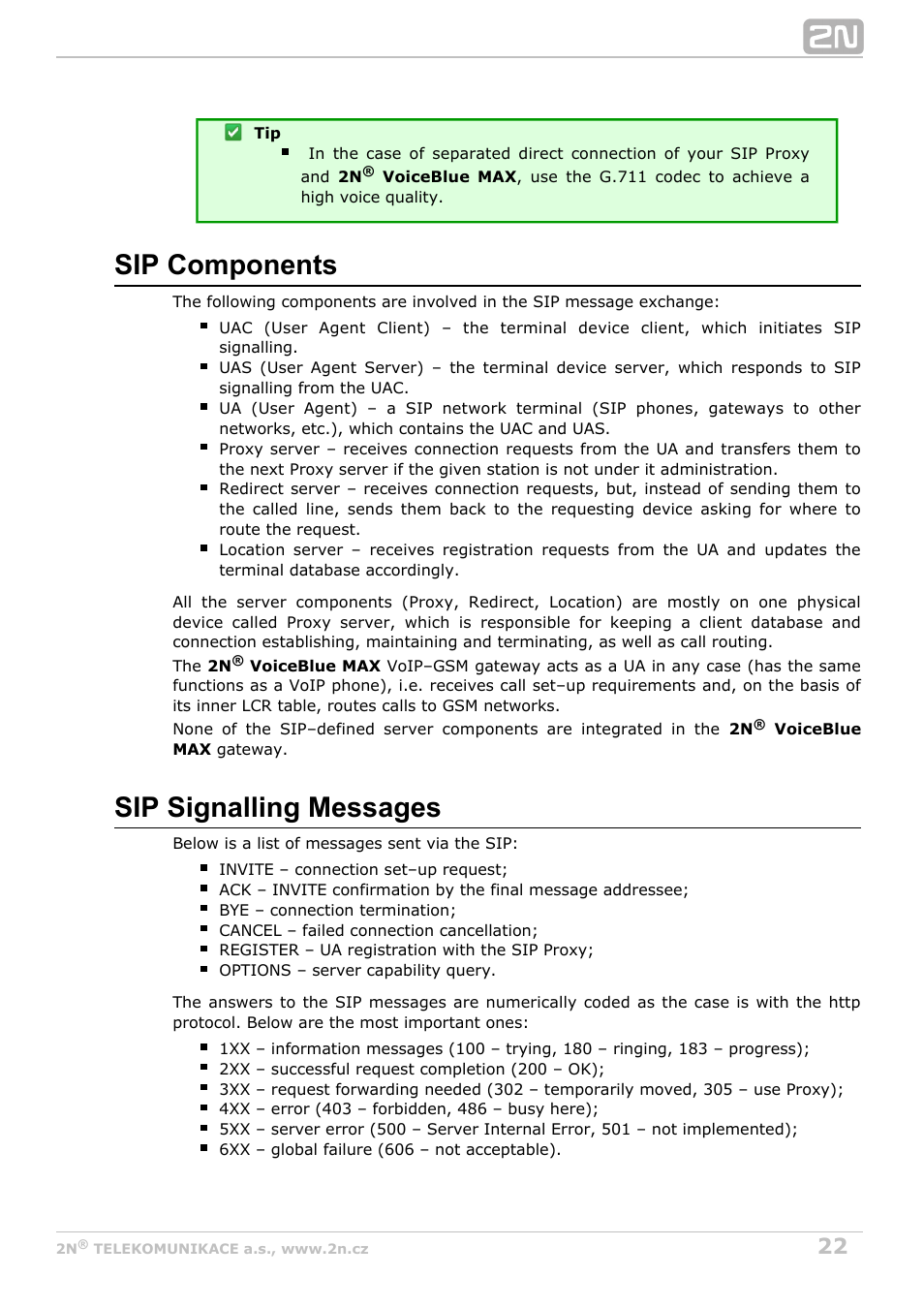 Sip components, Sip signalling messages | 2N VoiceBlue MAX v1.1 User Manual | Page 22 / 104