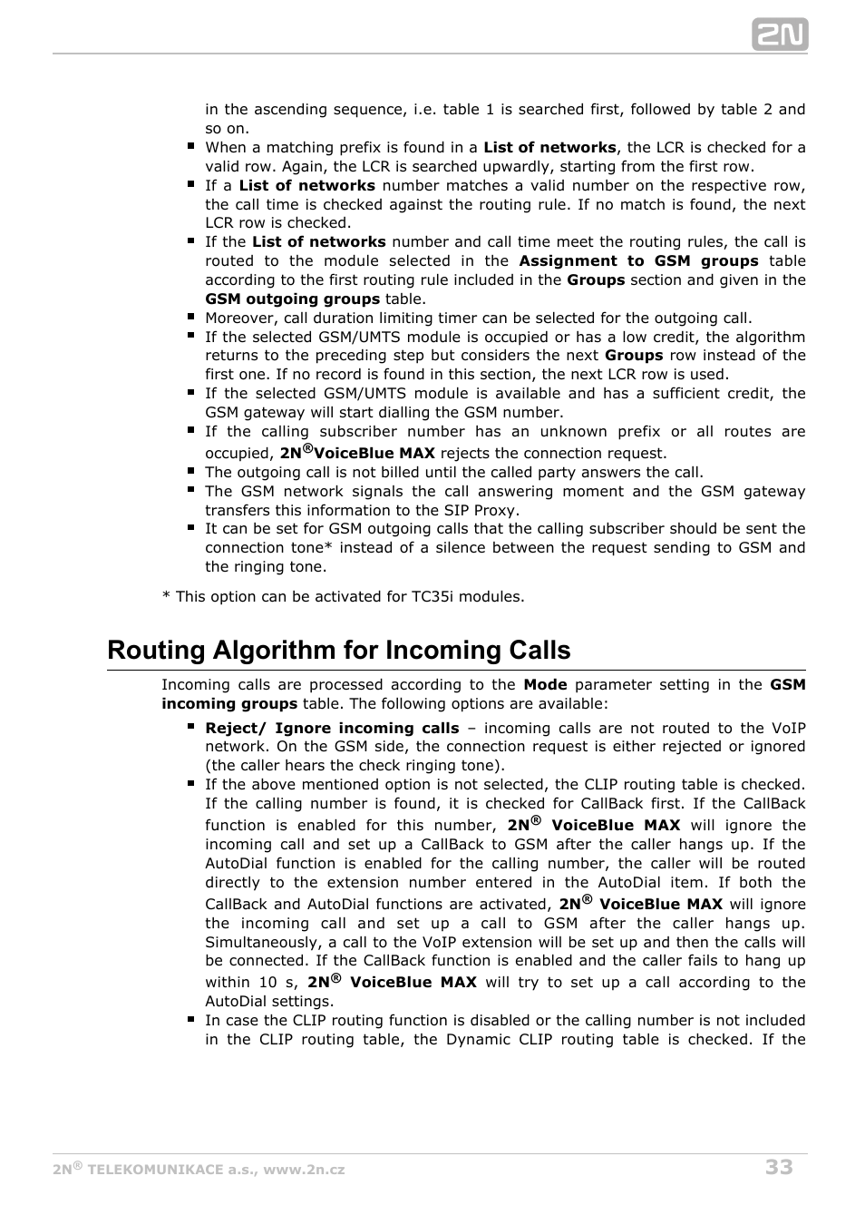 Routing algorithm for incoming calls | 2N VoiceBlue MAX v1.1 User Manual | Page 33 / 104