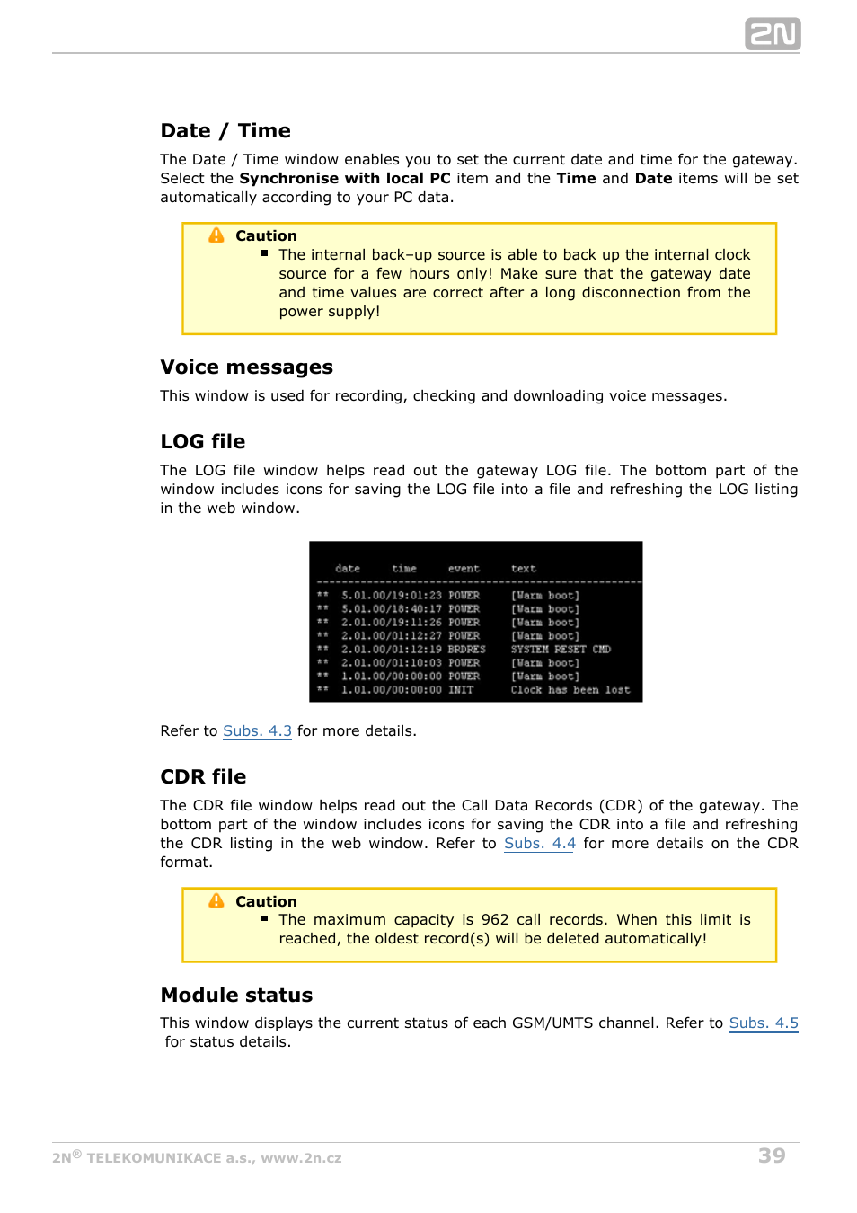 Date / time, Voice messages, Log file | Cdr file, Module status | 2N VoiceBlue MAX v1.1 User Manual | Page 39 / 104
