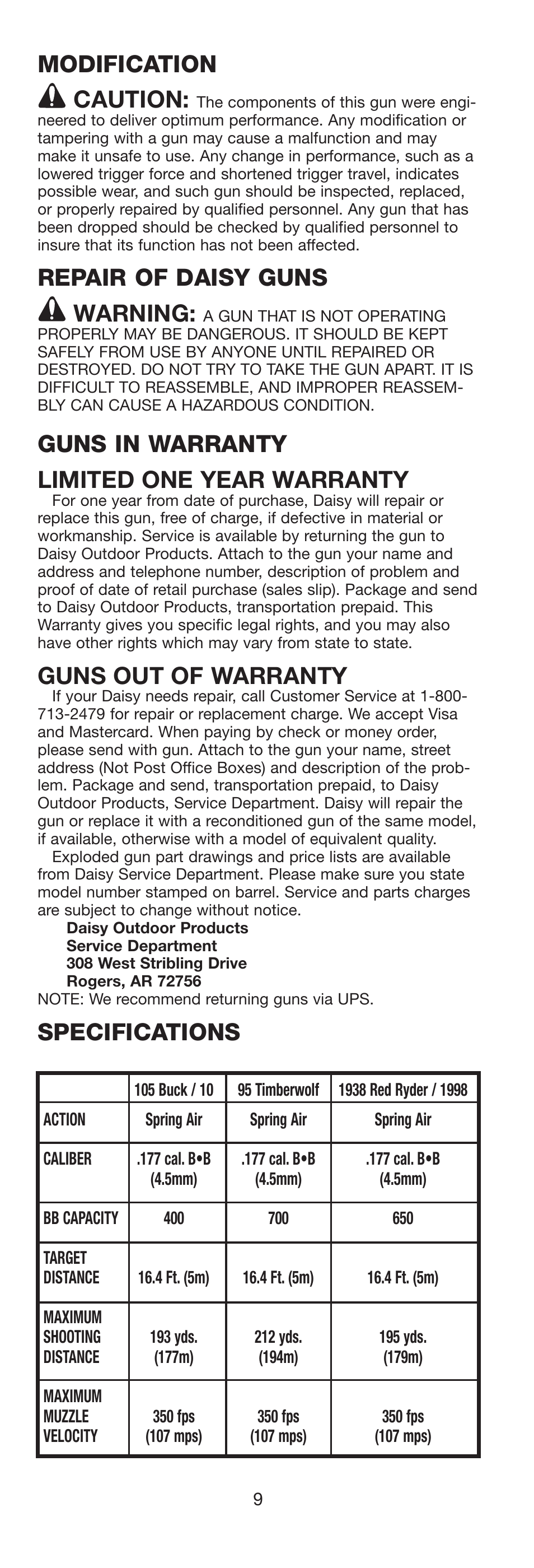Modification caution, Repair of daisy guns warning, Guns in warranty limited one year warranty | Guns out of warranty, Specifications | Daisy 105 Buck User Manual | Page 10 / 36