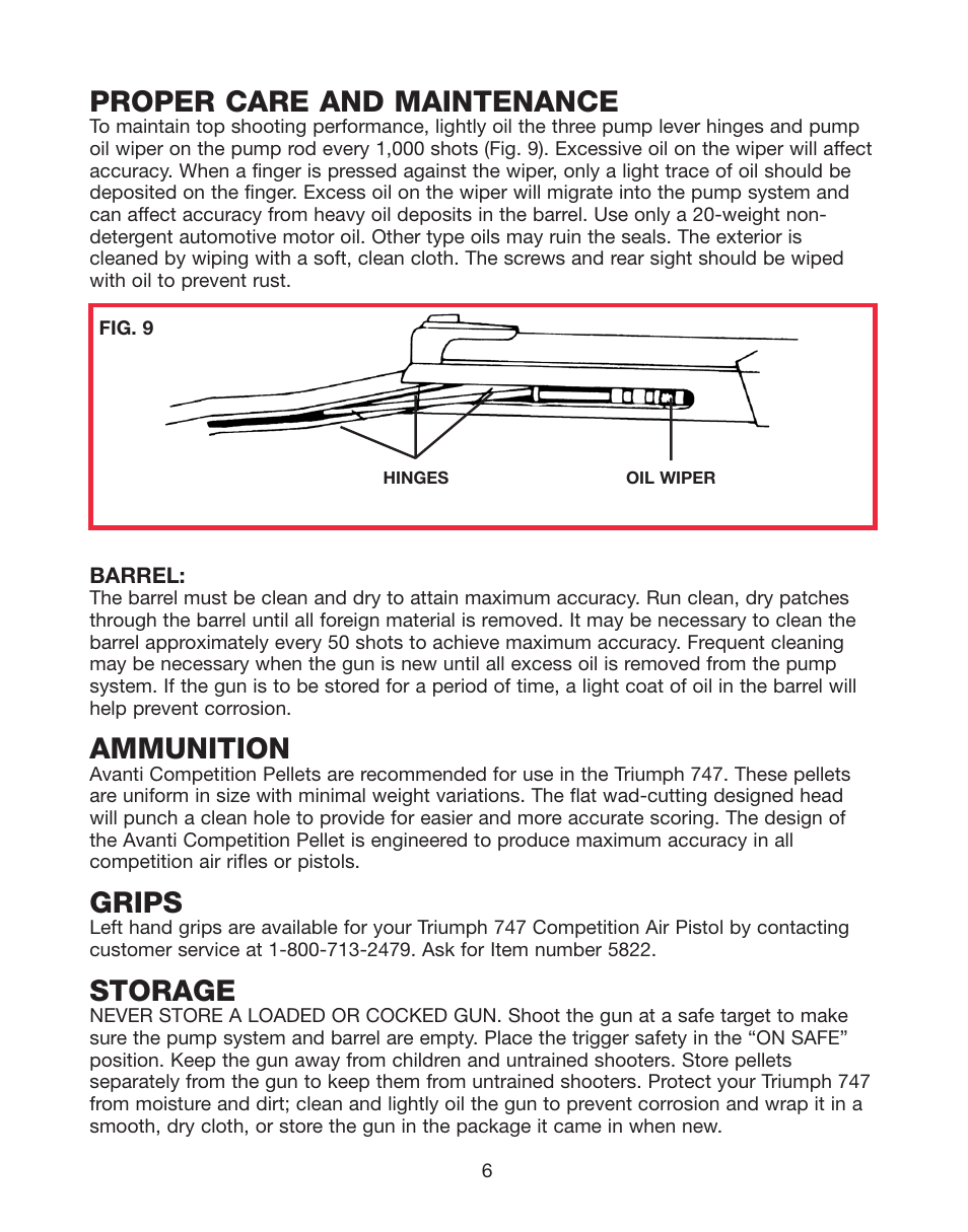 Proper care and maintenance, Ammunition, Grips | Storage | Daisy AVANTI Triumph 747 User Manual | Page 6 / 8
