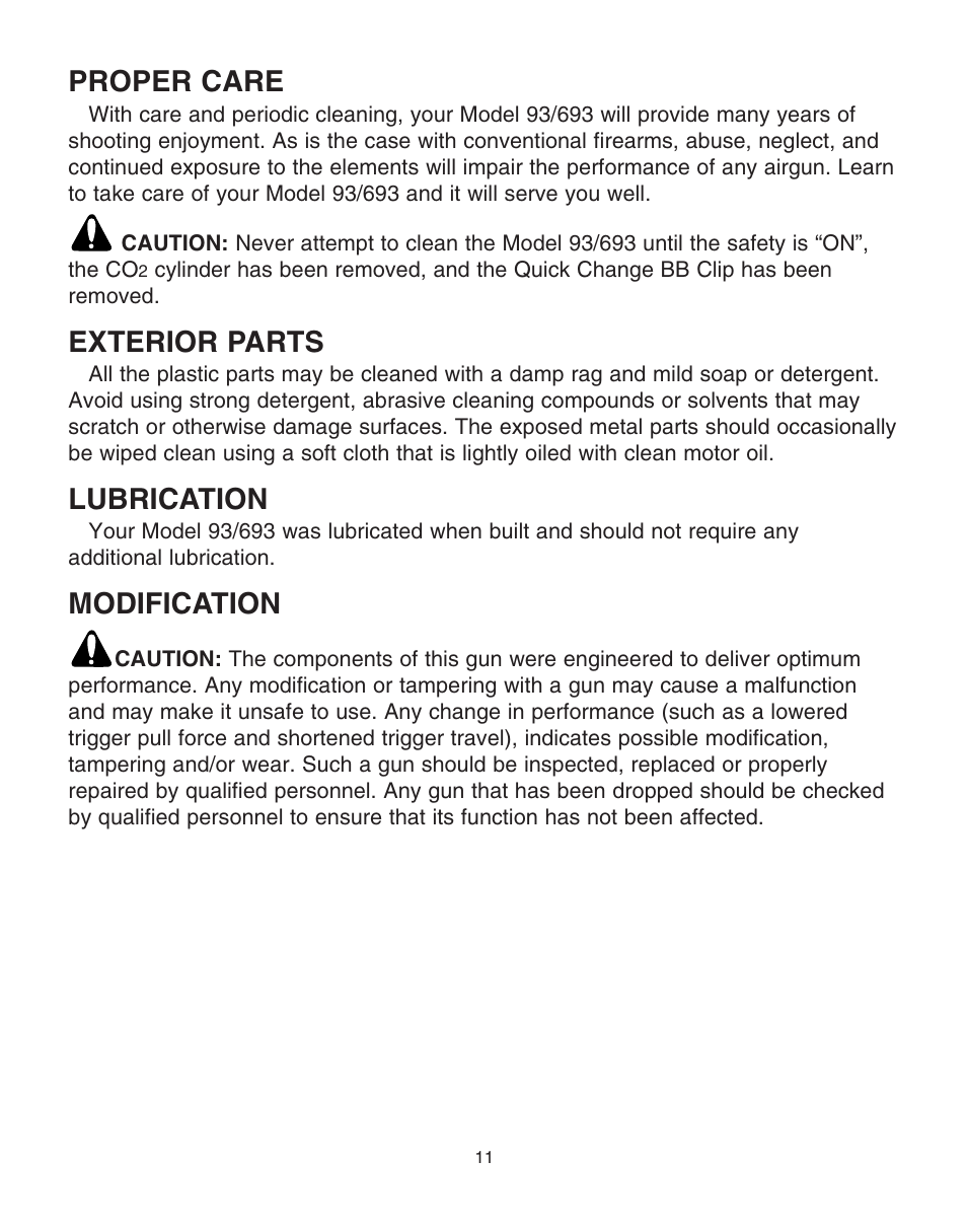 Proper care, Exterior parts, Lubrication | Modification | Daisy PowerLine 693 User Manual | Page 11 / 13