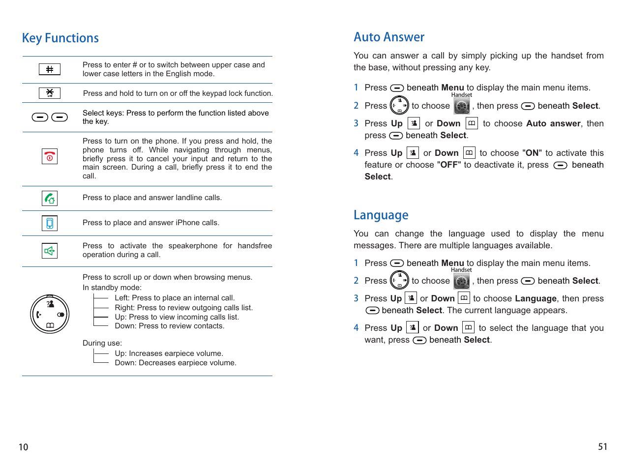 Key functions, Auto answer language | iCreation i-700 User Manual | Page 11 / 62