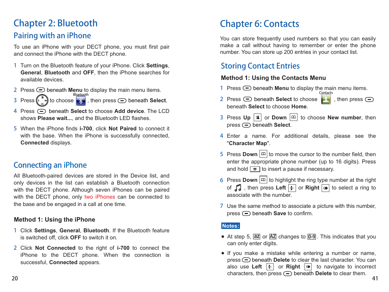 Chapter 2: bluetooth, Chapter 6: contacts, Pairing with an iphone connecting an iphone | Storing contact entries | iCreation i-700 User Manual | Page 21 / 62