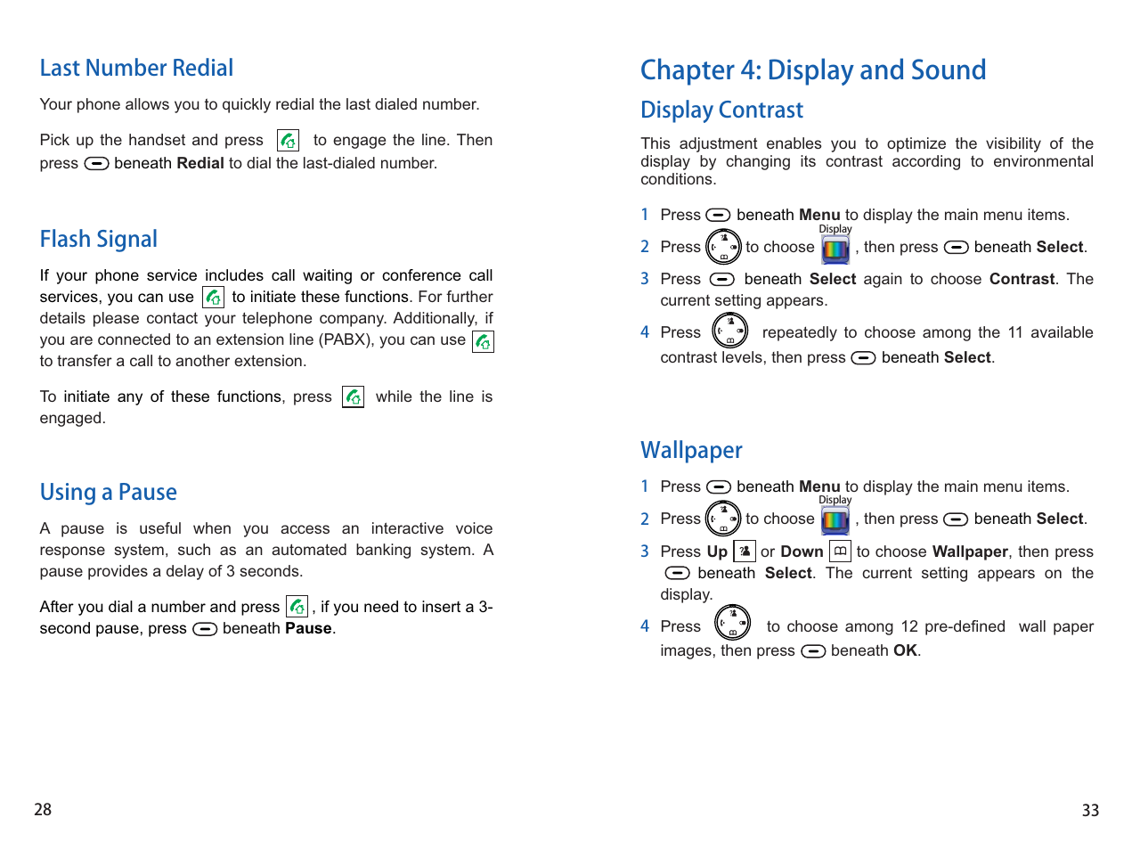 Chapter 4: display and sound, Display contrast wallpaper, Last number redial flash signal using a pause | iCreation i-700 User Manual | Page 29 / 62