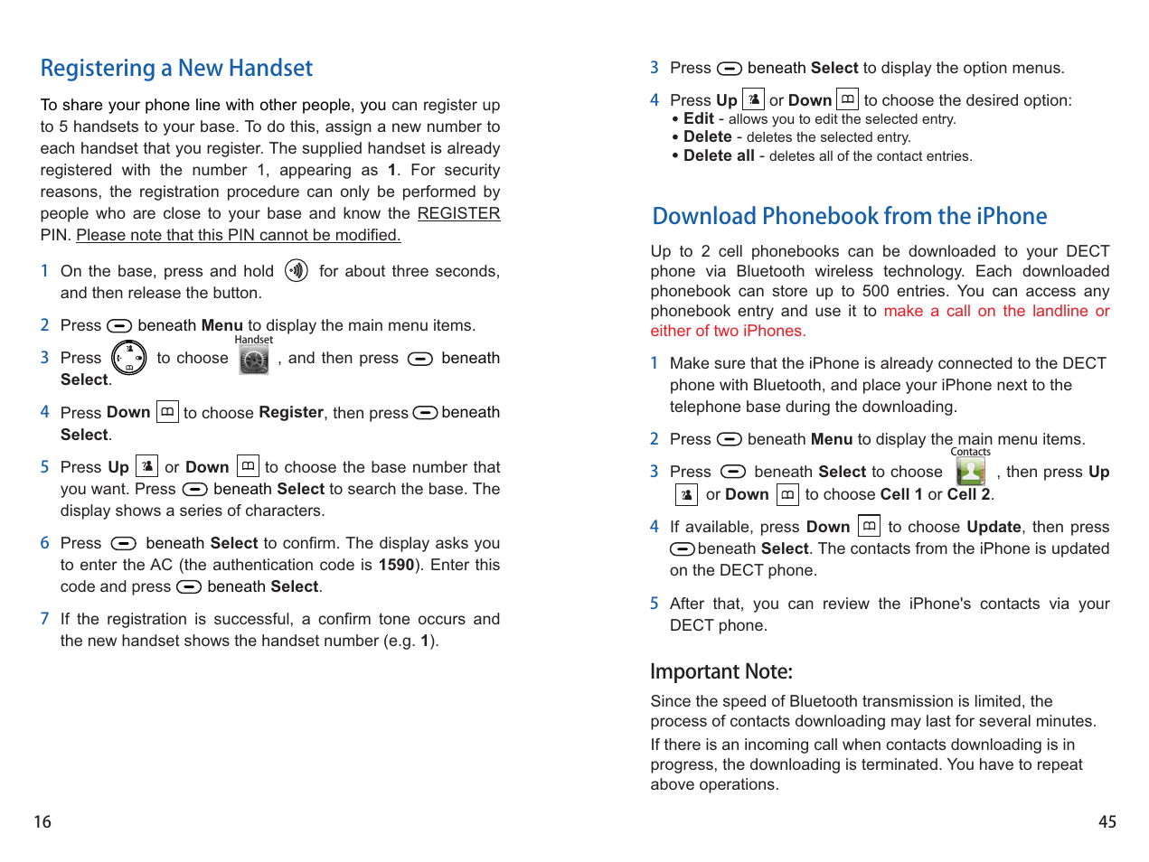 Registering a new handset, Download phonebook from the iphone | iCreation i-700 User Manual | Page 46 / 62